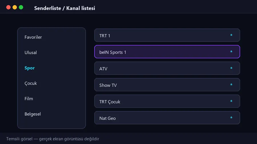 IPTV kanal listesi ekranının şematik gösterimi